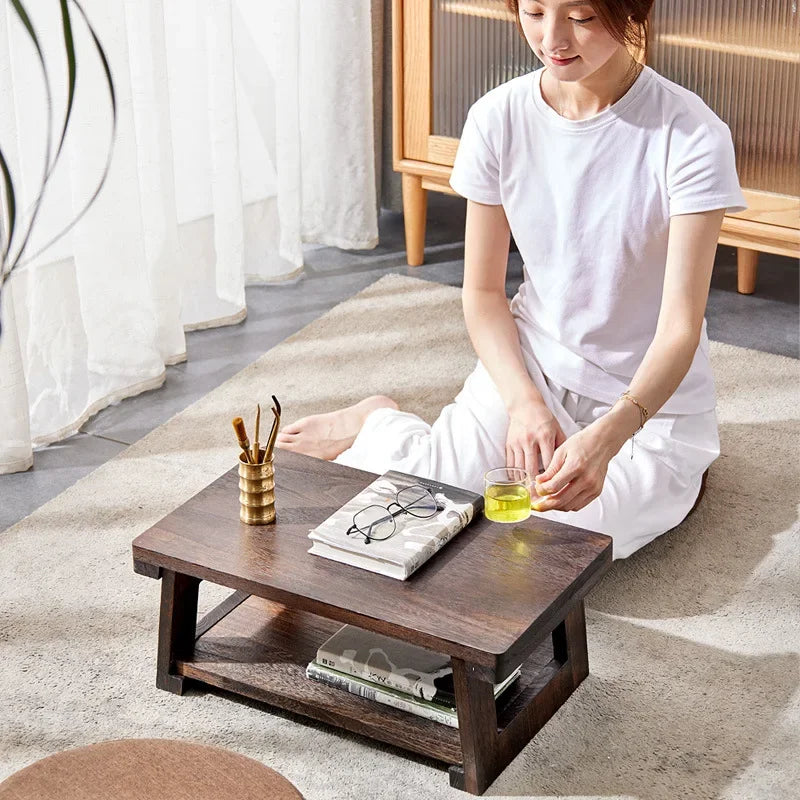 Solid Wood Tatami Tea Table - Adjustable Japanese Low Table