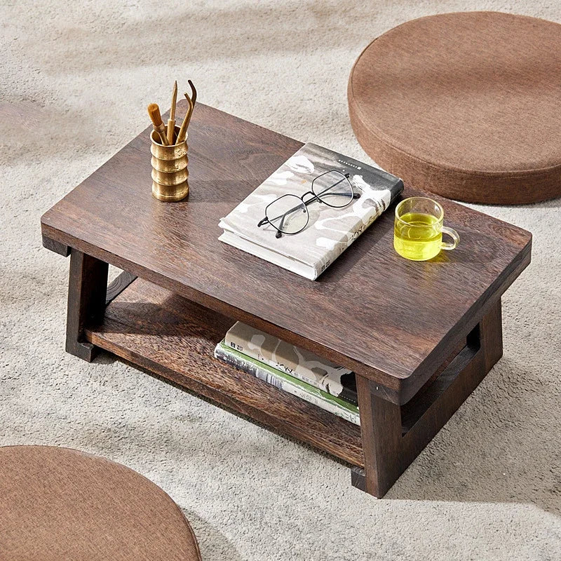 Solid Wood Tatami Tea Table - Adjustable Japanese Low Table