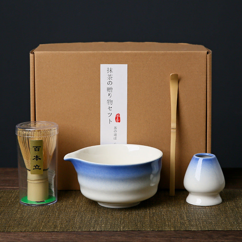 Complete Matcha Tea Ceremony Set - 4-Piece Traditional Japanese Kit (Blue & White)
