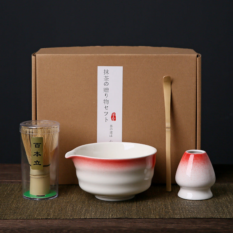 Complete Matcha Tea Ceremony Set - 4-Piece Traditional Japanese Kit (Red & White)